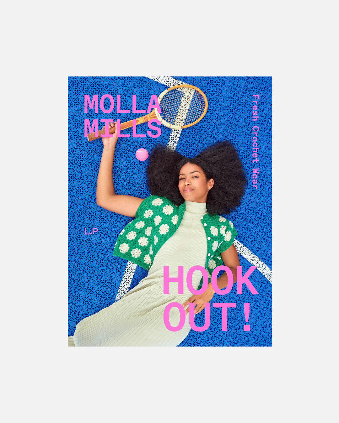 Book cover of "Hook Out!" featuring a person wearing a green and white crochet cardigan vest and holding a tennis racquet.