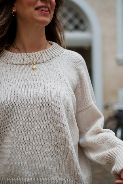 A close-up of a woman wearing a cream-colored, chunky knit crewneck sweater. She is also wearing delicate gold necklaces, including a chain with a small heart pendant.