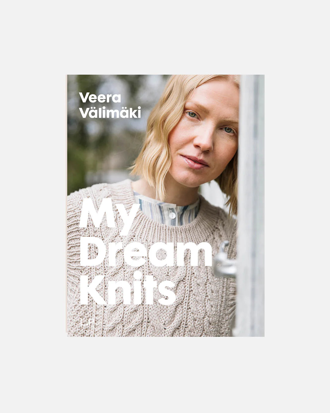 Book cover for "My Dream Knits" featuring a person wearing a white cable knit vest on a white background.